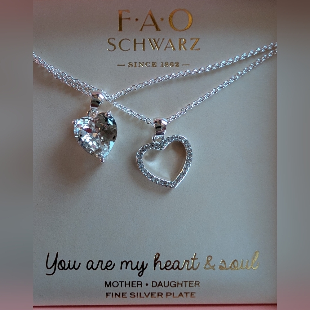 FAO Schwarz Fine Silver Plate Heart Necklace Set